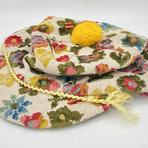 Vintage 60s Floral Chenille Tapestry Hat Pom Pom MCM Union Mod Hippy Medium READ - Picture 9 of 9